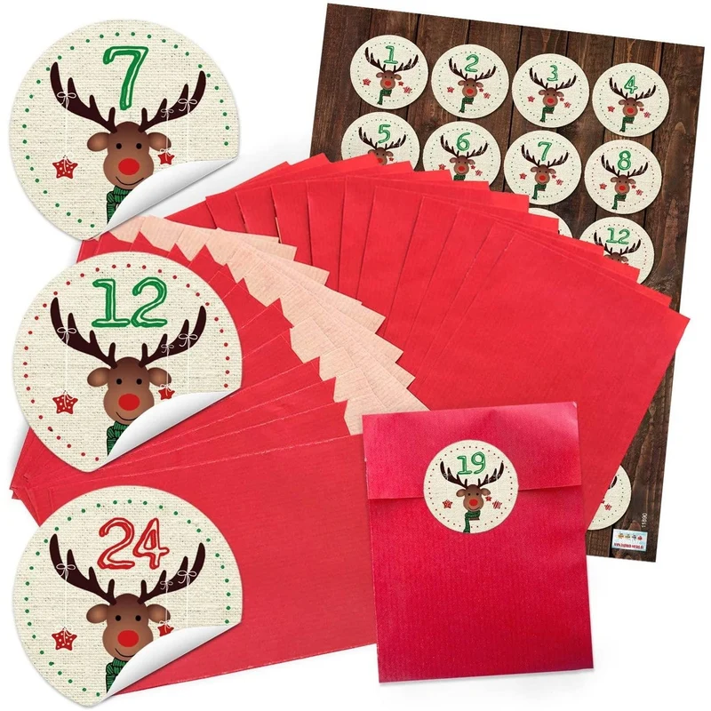 Adventskalender-Set: rote Flachbeutel aus Papier 9,5 x 14 cm mit runden Zahlenaufklebern 1–24