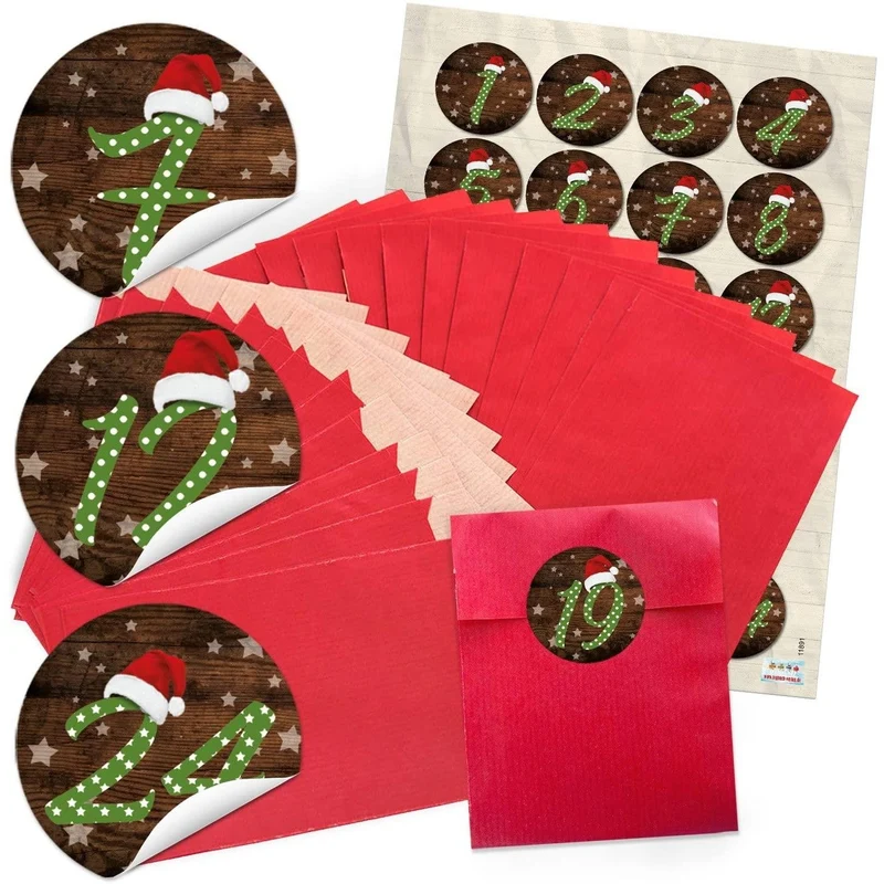 Adventskalender-Set: rote Flachbeutel aus Papier 9,5 x 14 cm mit runden Zahlenaufklebern 1–24