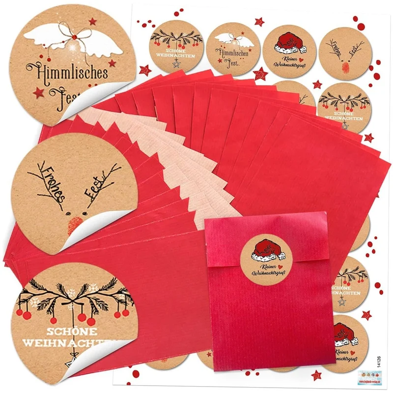 Adventskalender-Set: rote Flachbeutel aus Papier 9,5 x 14 cm mit runden Zahlenaufklebern 1–24