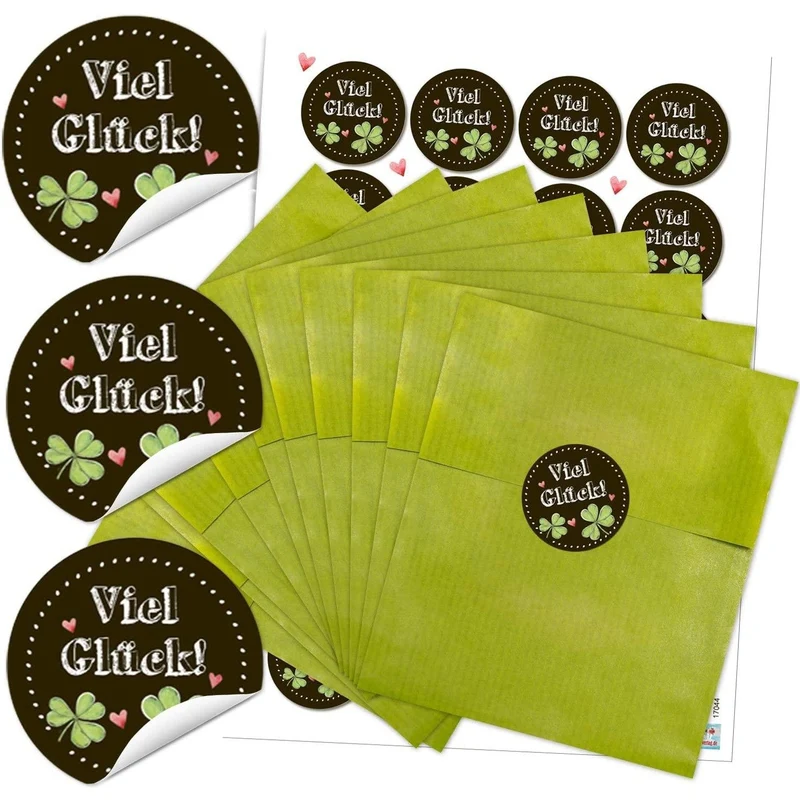 Grüne Flachbeutel aus Papier 13 x 18 cm mit runden Aufklebern „Viel Glück“ in zwei Farben
