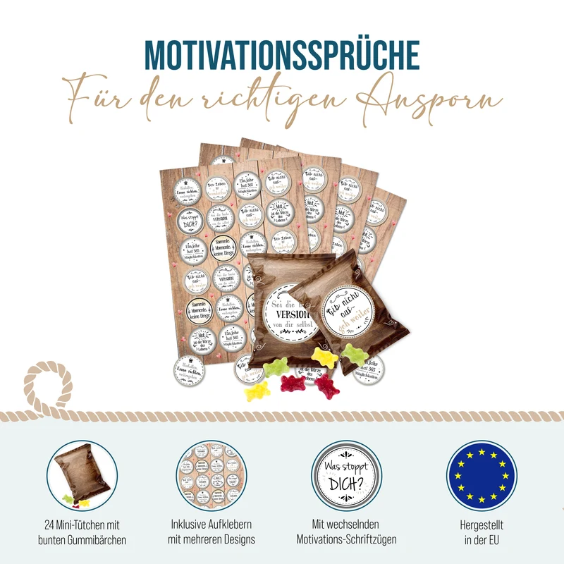 24 Fruchtgummi Tütchen mit Motivationssprüchen – Mini-Geschenke im Vintage-Look