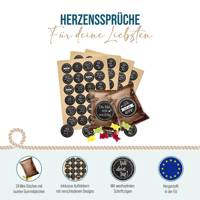 24 Fruchtgummi Tütchen mit Sprüchen schwarz weiß – kleine Aufmerksamkeiten im Vintage-Look
