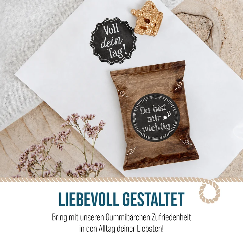 24 Fruchtgummi Tütchen mit Sprüchen schwarz weiß – kleine Aufmerksamkeiten im Vintage-Look