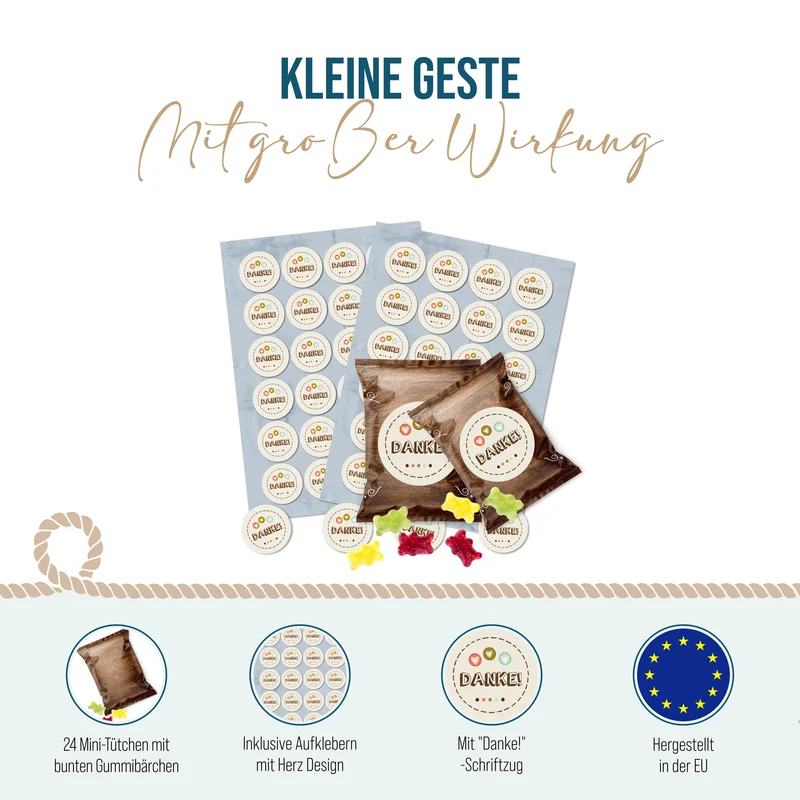 24 Fruchtgummi Tütchen Dankeschön mit Herzen – Danke Geschenke in Braun und Beige