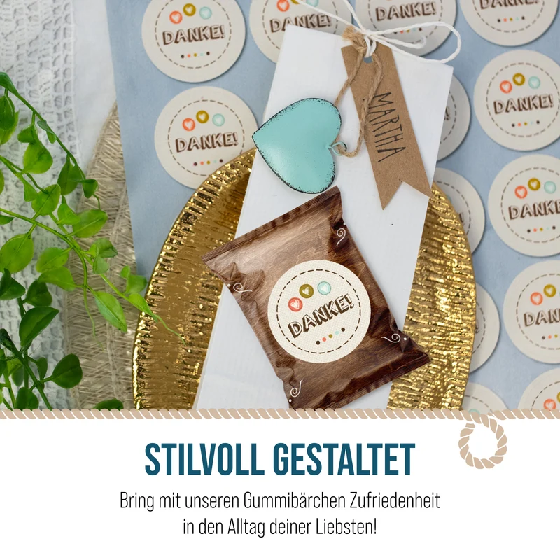 24 Fruchtgummi Tütchen Dankeschön mit Herzen – Danke Geschenke in Braun und Beige
