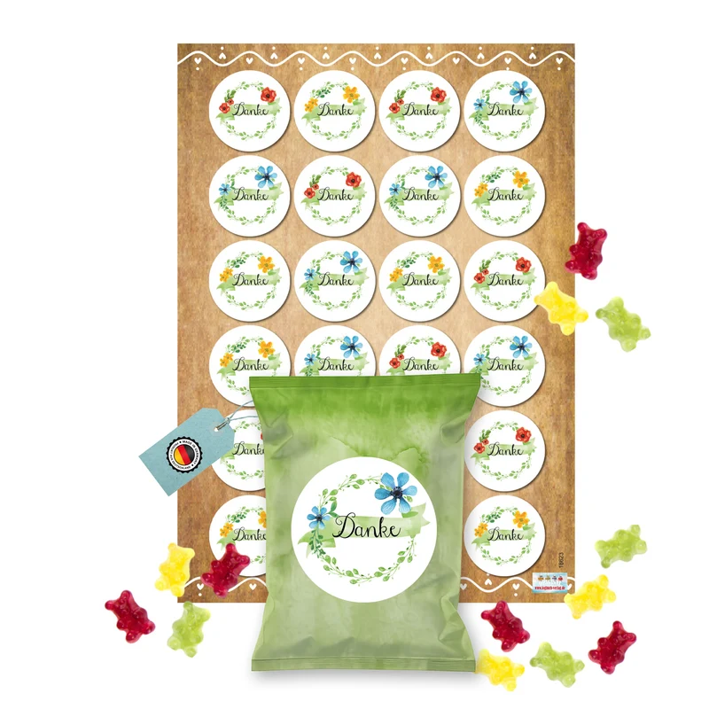 24 kleine Mini Geschenke zum Essen GUMMIBÄRCHEN mit Danke Stickern grün