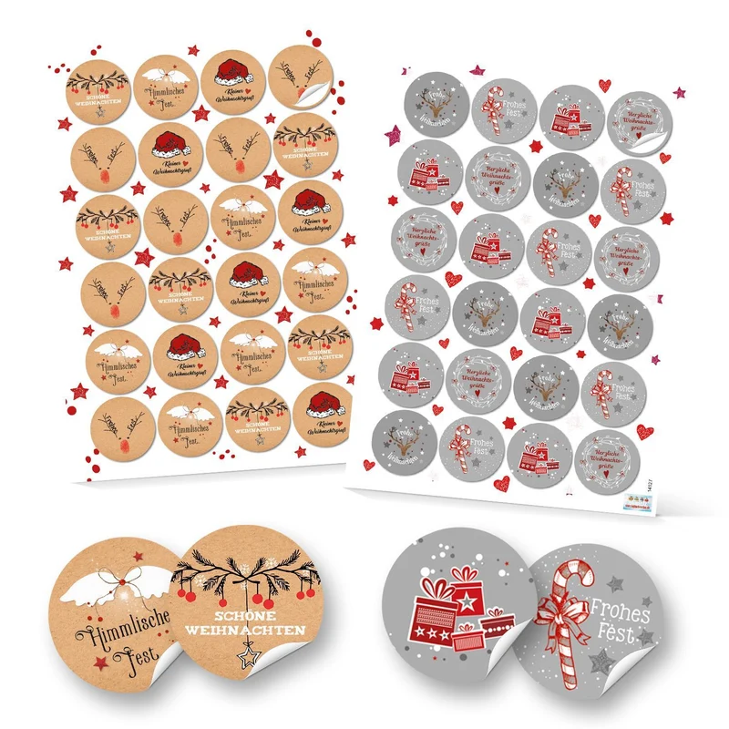SET 4 x 24 Stück Weihnachtsaufkleber Sticker FROHE WEIHNACHTEN FROHES FEST grau rot weiß schwarz Verpackung Geschenke weihnachtlich Etiketten Papiertüten zukleben verschließen Deko