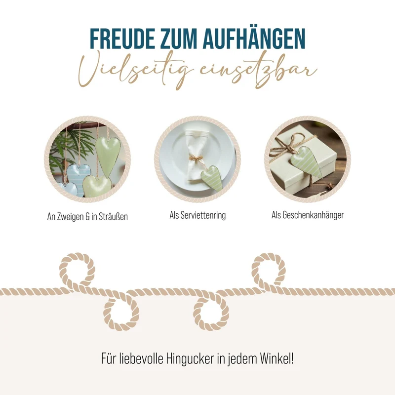16 Herzanhänger Frühlingsdeko grün türkis blau - Herzen zum Aufhängen mit Schnur 7 cm aus Metall