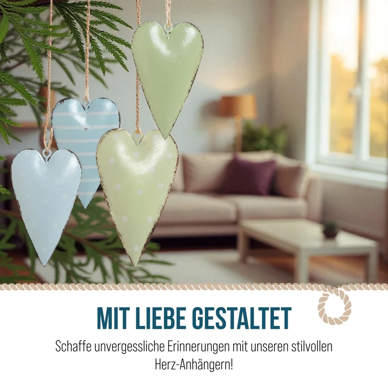 16 Herzanhänger Frühlingsdeko grün türkis blau - Herzen zum Aufhängen mit Schnur 7 cm aus Metall