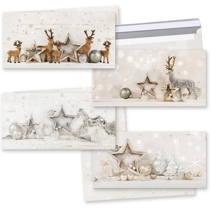 4 Weihnachtskarten DIN lang Klappkarten mit Umschlag – Rentier, Hirsch weiß-gold-silber-grau