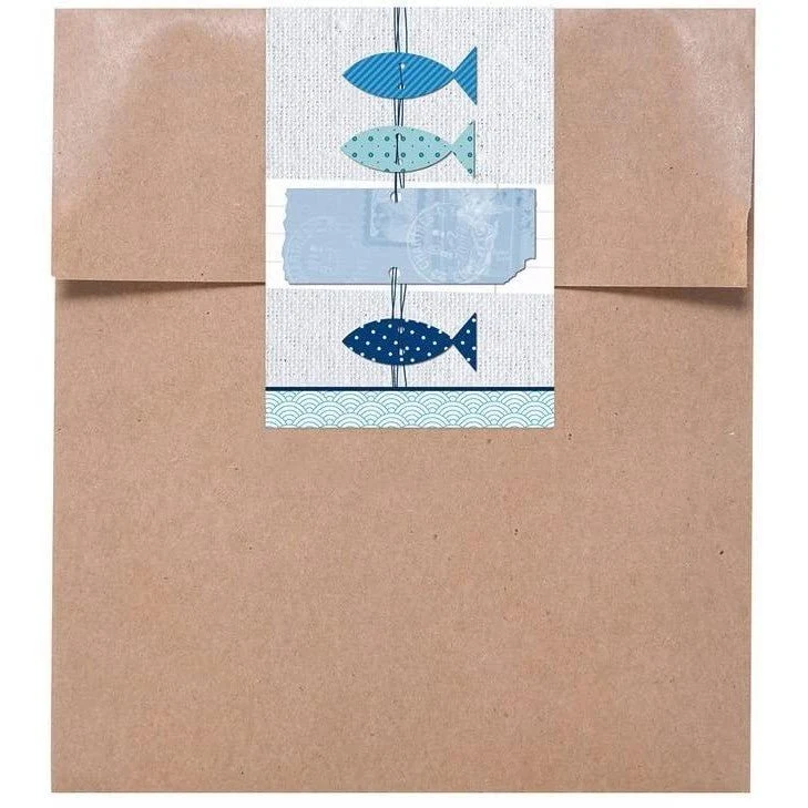 Braune Flachbeutel aus Papier 13 x 18 cm mit Lasche mit Banderolen in verschiedenen Motiven
