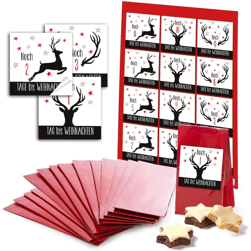 24 Rote Papiertüten lebensmittelecht zum Befüllen + Adventskalenderzahlen Aufkleber 6 x 6 cm schwarz weiß