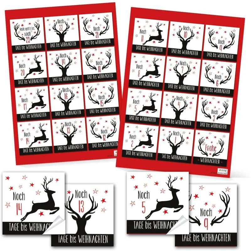 24 Rote Papiertüten lebensmittelecht zum Befüllen + Adventskalenderzahlen Aufkleber 6 x 6 cm schwarz weiß