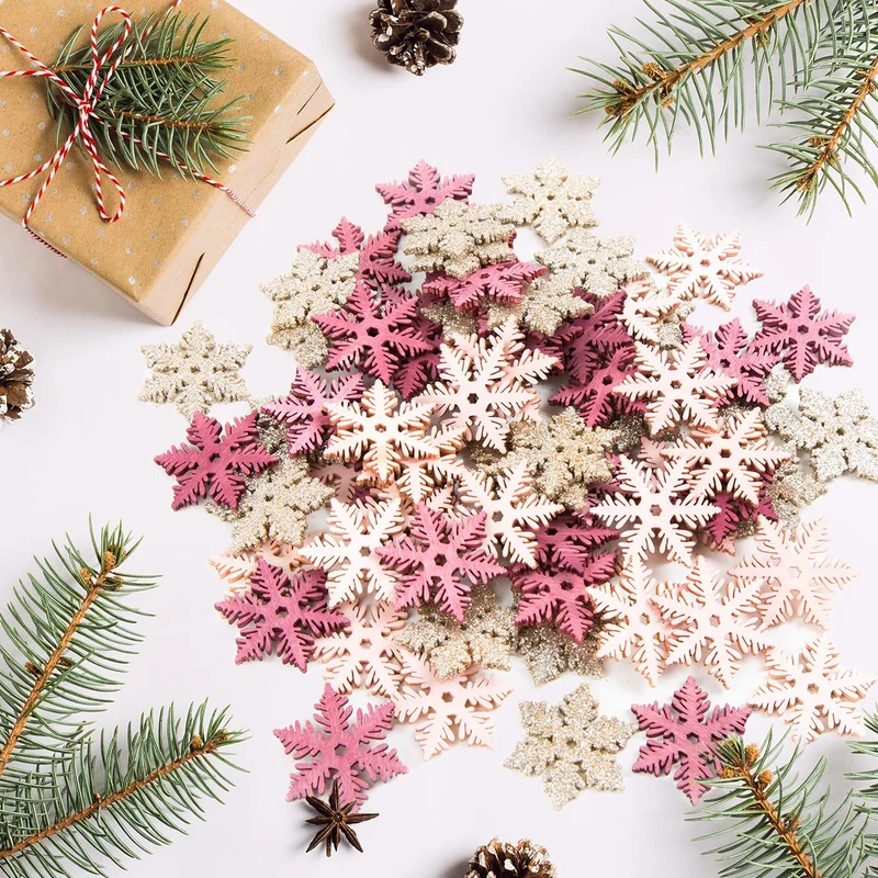 70 Mini Schneeflocken aus Holz 4 cm rosa pink gold - kleine Eiskristalle zum Basteln & Verzieren