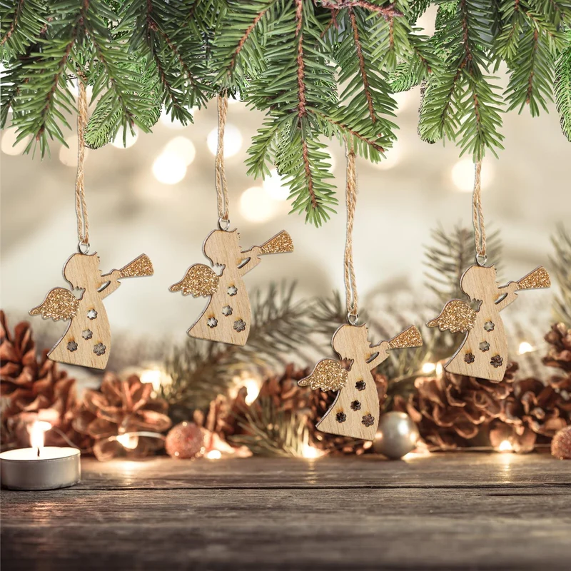 24 Engel Weihnachtsanhänger Natur Gold aus Holz