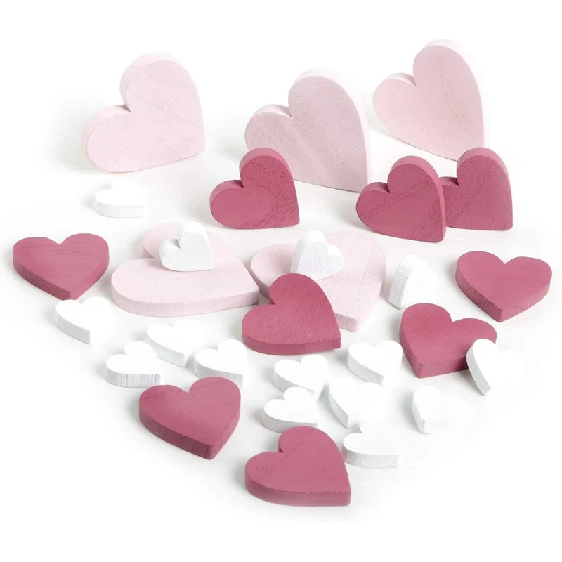 29 Herzen aus Holz zum Streuen - 2,5-6,5 cm - rosa + pink + weiß