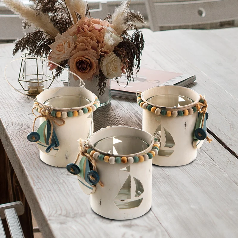 3 Maritime Teelichthalter aus Metall + Glas mit Segelboot aus Holz - kleine Windlichter