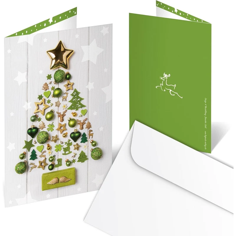 10 Weihnachtskarten 11,5 x 17 cm Klappkarten mit Umschlag – Weihnachtsbaum grün-gold