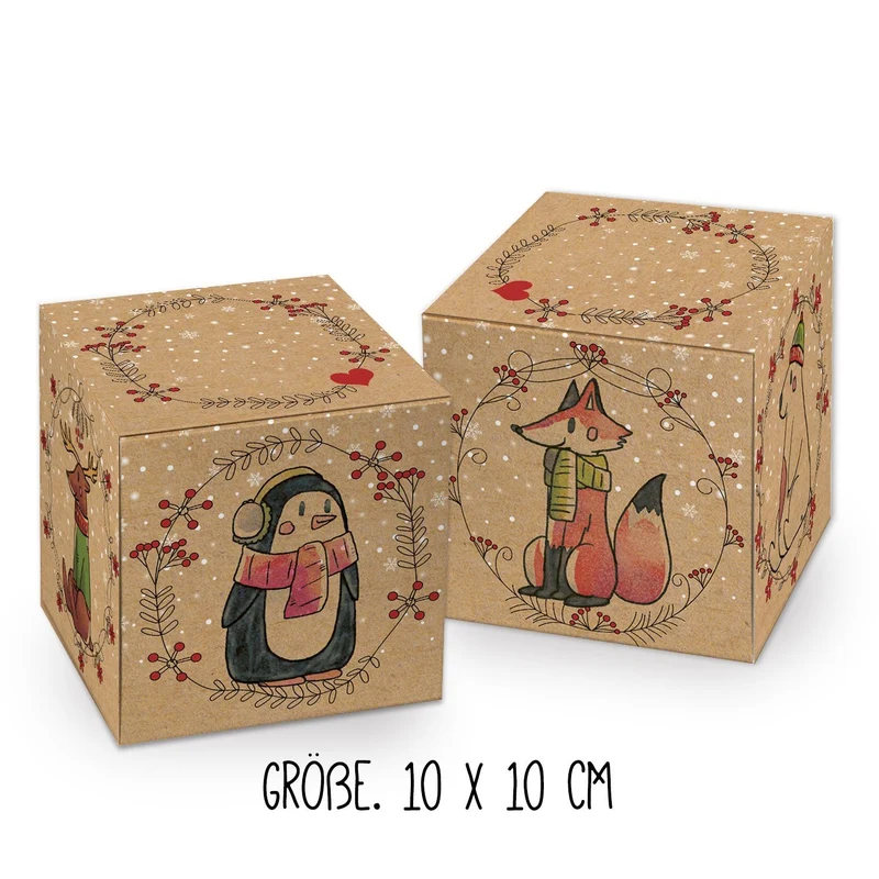 Weihnachtliche Geschenkboxen braun 10 x 10 cm mit bunten Wintertieren