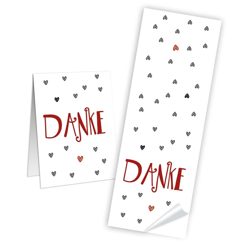 Blockbodenbeutel schwarz mit Sichtfenster 8,5 x 5 x 26,5 cm mit Banderolen „Danke“ rot-grau