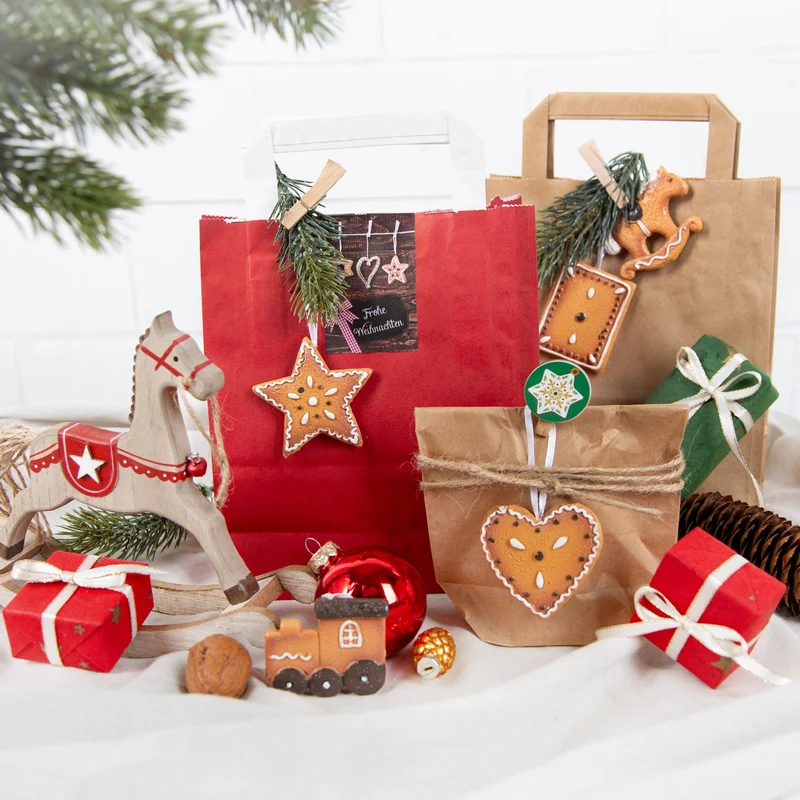 10 Aufkleber Sticker FROHE WEIHNACHTEN rot weiß braun kariert Strohschmuck 5 x 14,8 cm Holz-Optik natürlich Weihnachtsaufkleber Banderolen für Weihnachtstüten Geschenktüten Papiertüten - Verpackung