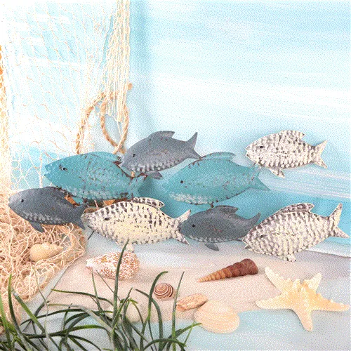 Fischschwarm Wandskulptur aus Metall - blau türkis beige 47 cm