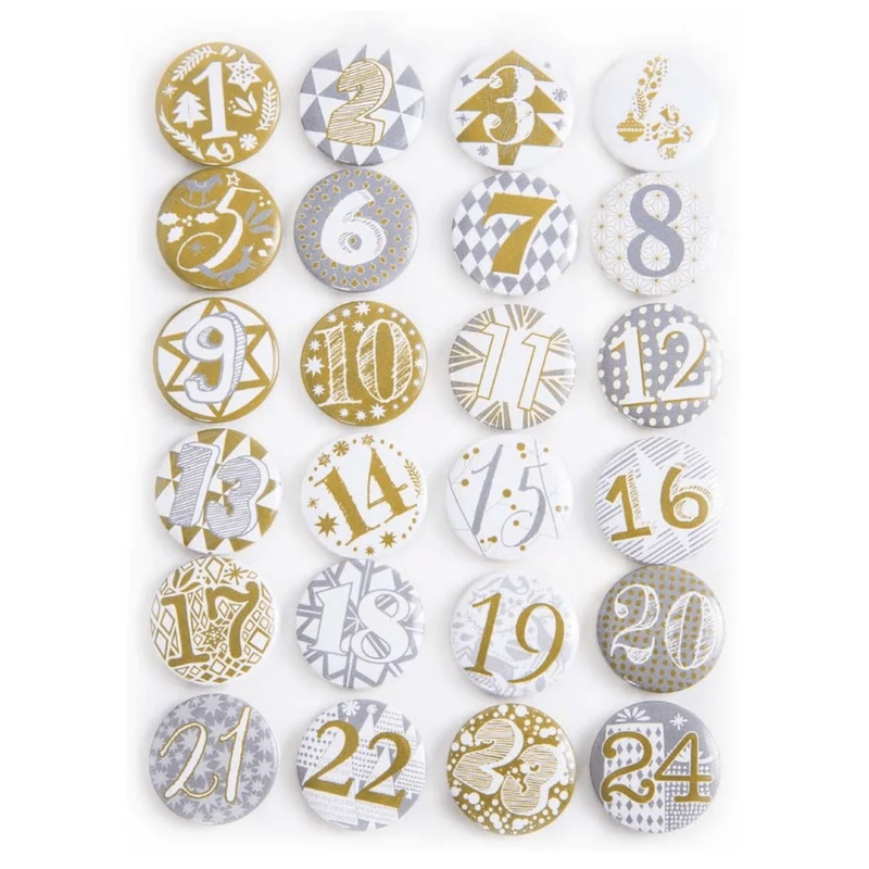 Adventskalenderzahlen Buttons beige silber gold - Zahlen Pins für einen DIY Adventskalender