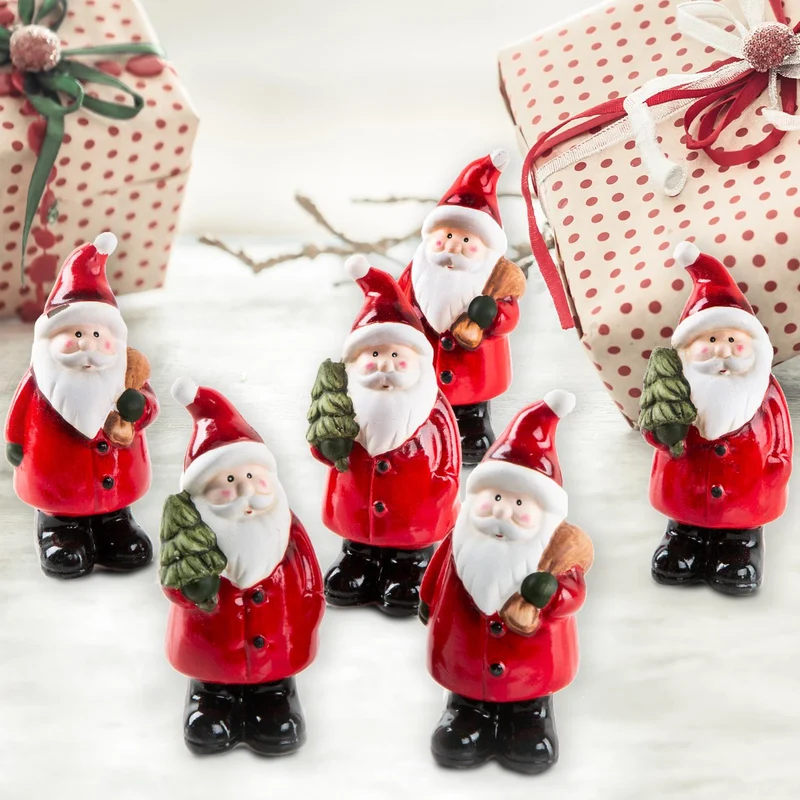 6 kleine Nikolaus Figuren aus Keramik - rot weiß 12 cm zum Hinstellen