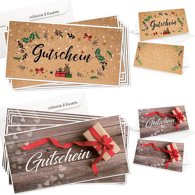 Logbuch-Verlag 2 x 6 Gutscheine Geschenkgutscheine Klappkarte Weihnachten Geburtstag MIT KUVERT DIN lang frei beschreibbar für Kunden Mitarbeiter