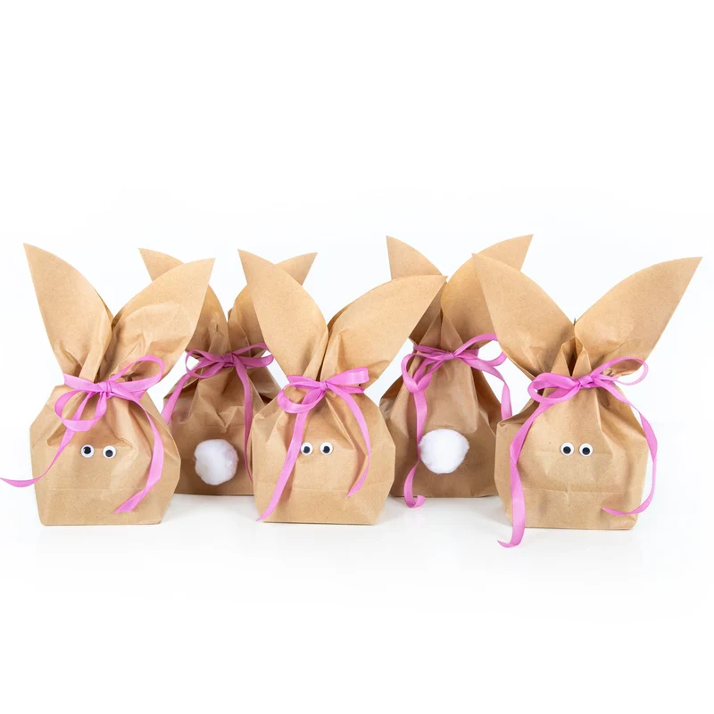 10 Stück braune natürlich lustige Osterhasen Hasen Papiertüten + pink rosa Baumwollband – Alternative zum Osternest f. Kinder + Erwachsene give-away Mitgebsel Verpackung Geschenke zu Ostern