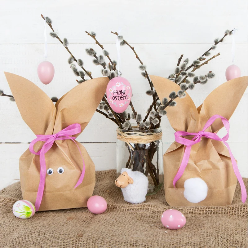 10 Stück braune natürlich lustige Osterhasen Hasen Papiertüten + pink rosa Baumwollband – Alternative zum Osternest f. Kinder + Erwachsene give-away Mitgebsel Verpackung Geschenke zu Ostern