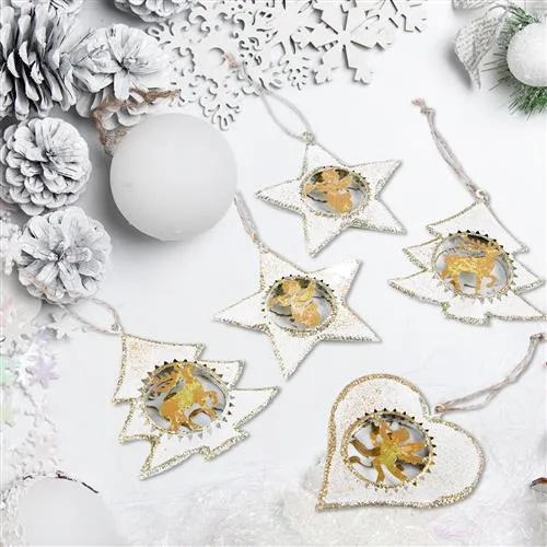 6 edle Anhänger zu Weihnachten in Gold und weiß Metallanhänger Baumschmuck aus Blech 7 cm