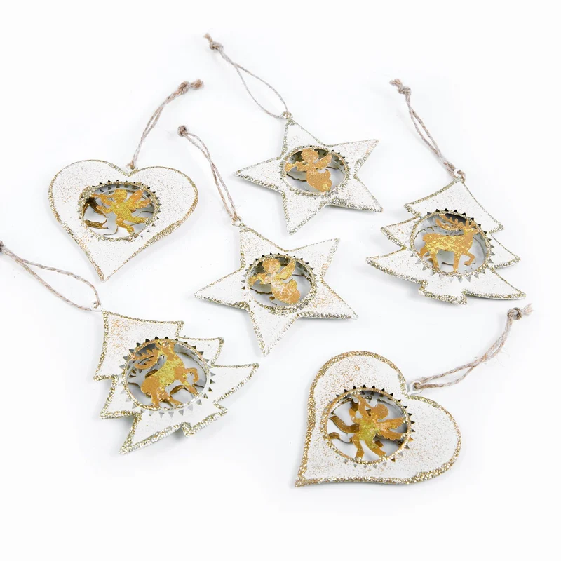 6 edle Anhänger zu Weihnachten in Gold und weiß Metallanhänger Baumschmuck aus Blech 7 cm