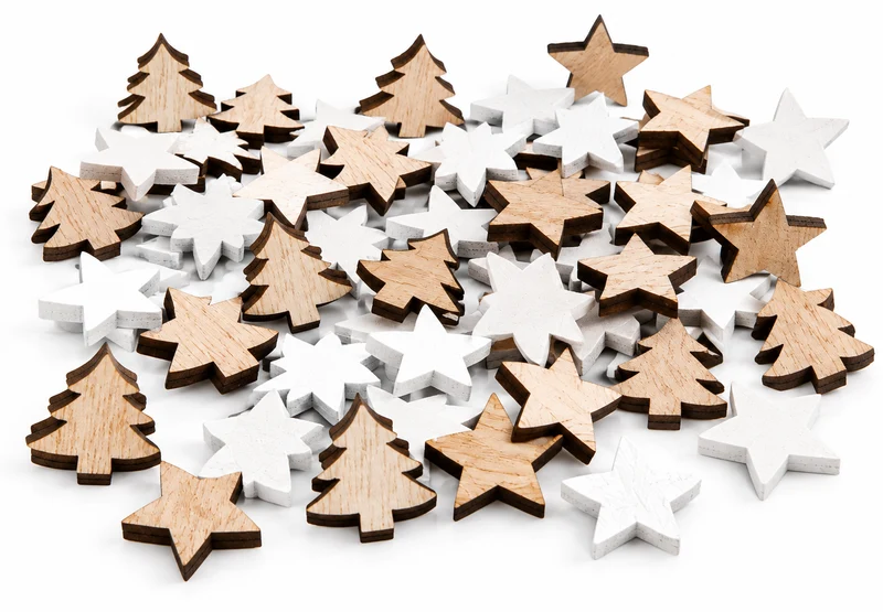 56 Weihnachts-Streudeko aus Holz – Bäume & Sterne Braun Weiß, 2,5 cm