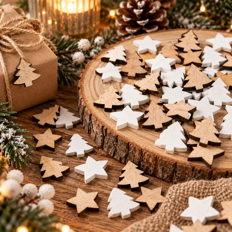 56 Weihnachts-Streudeko aus Holz – Bäume & Sterne Braun Weiß, 2,5 cm