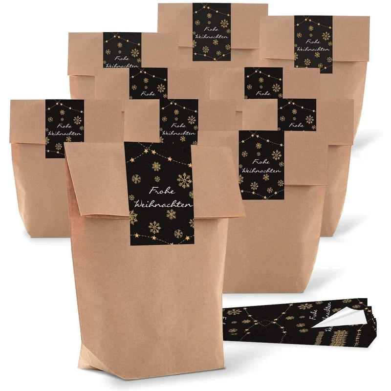Weihnachtstüten aus Kraftpapier 14 x 22 x 5,6 cm mit Weihnachtsaufklebern in drei Motiven