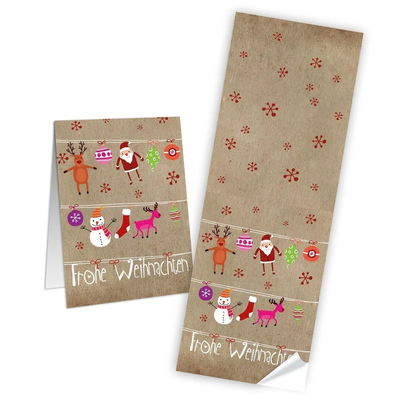 10 große FROHE WEIHNACHTEN pink natur rosa rot beige Geschenk-Aufkleber Sticker 7,2 x 21 cm - Etiketten Banderolen Verpackung Papiertüten weihnachtlich