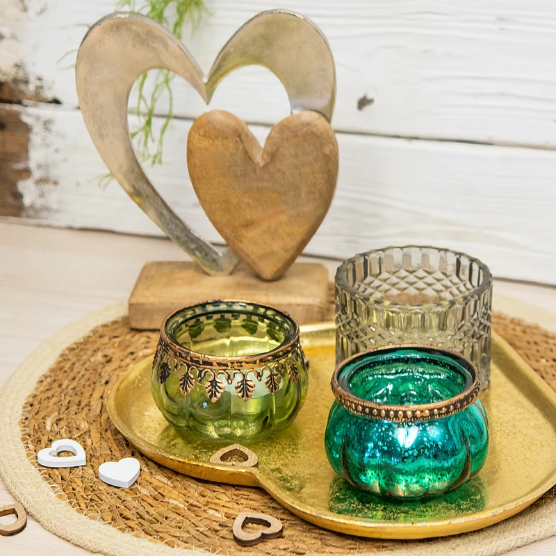 6 Teelichtgläser mintgrün + grün + dunkelgrün - aus Glas & Metall