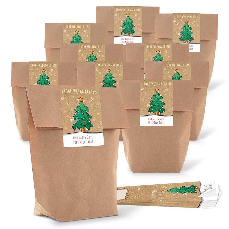 Kraftpapiertüten mit Boden 16,5 x 26 x 6,6 cm mit Aufkleber „Frohe Weihnachten“ grün-beige