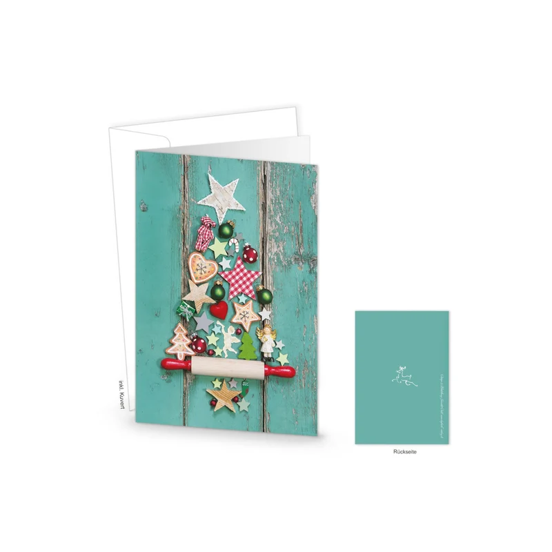 Weihnachtskarten DIN A6 hoch Klappkarten mit Umschlag – Weihnachtsbaum türkis-grün-bunt