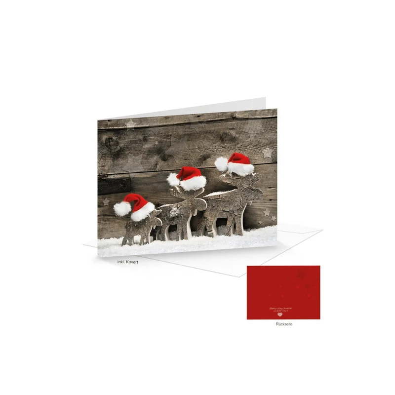Weihnachtskarten DIN A6 quer Klappkarten mit Umschlag – Rentier rot-weiß in Holzoptik
