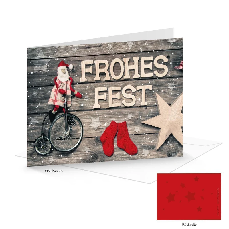 Weihnachtskarten DIN A6 quer Klappkarten mit Umschlag – Frohes Fest rot-braun in Holzoptik