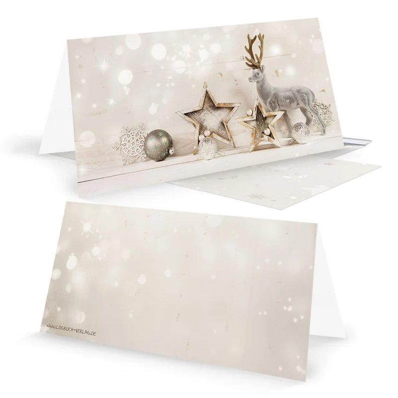 Weihnachtskarten DIN lang Klappkarten mit Umschlag – Hirsch beige-silber innen blanko