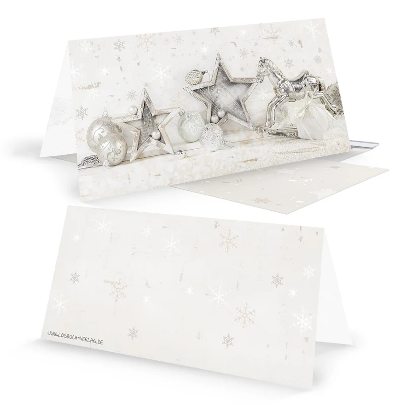 Weihnachtskarten DIN lang Klappkarten mit Umschlag – Schaukelpferd beige-silber innen blanko