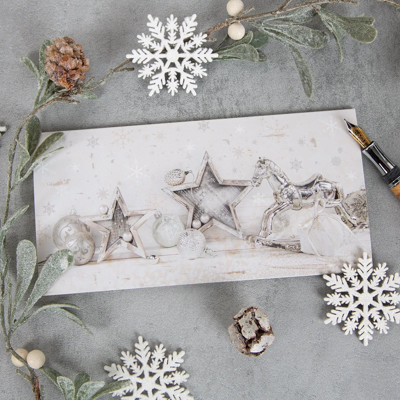 Weihnachtskarten DIN lang Klappkarten mit Umschlag – Schaukelpferd beige-silber innen blanko