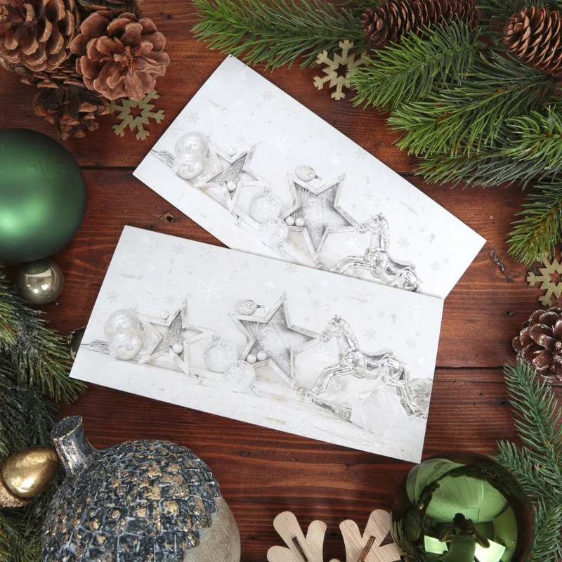 Weihnachtskarten DIN lang Klappkarten mit Umschlag – Schaukelpferd beige-silber innen blanko
