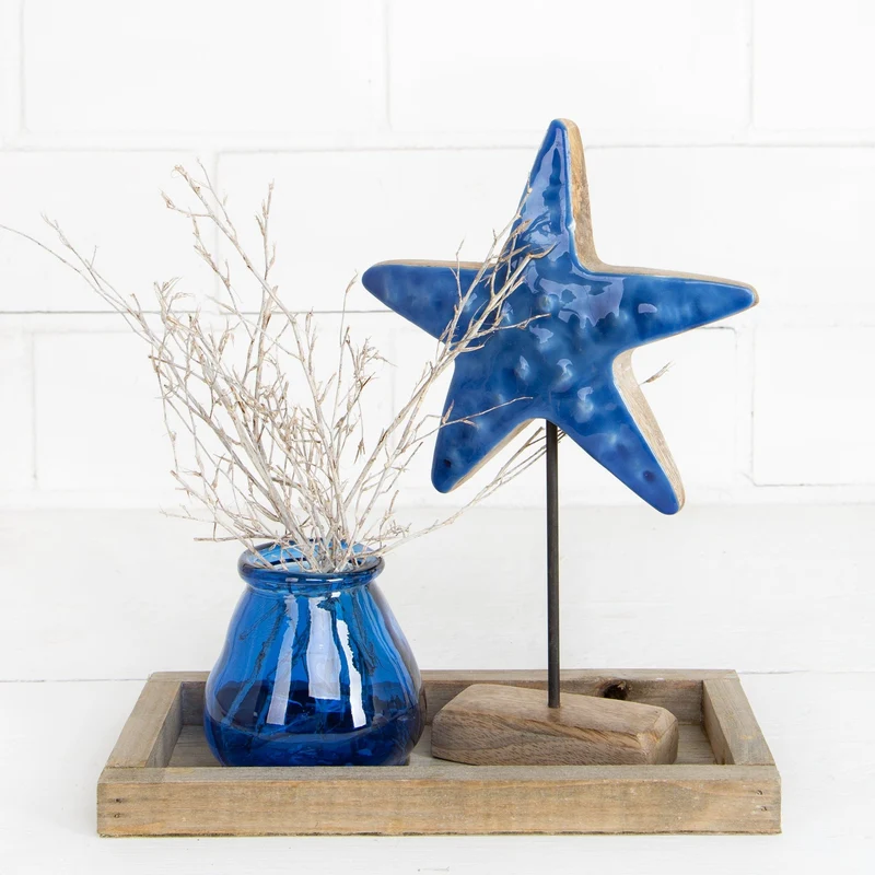2 blaue Seestern Figuren 25 cm - Dekofigur aus Holz zum Hinstellen