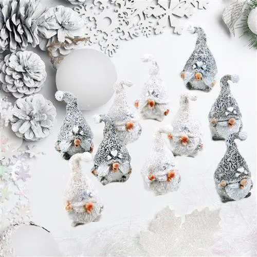10 Mini Wichtel Figuren 4 cm - Weihnachtswichtel grau weiß glitzernd
