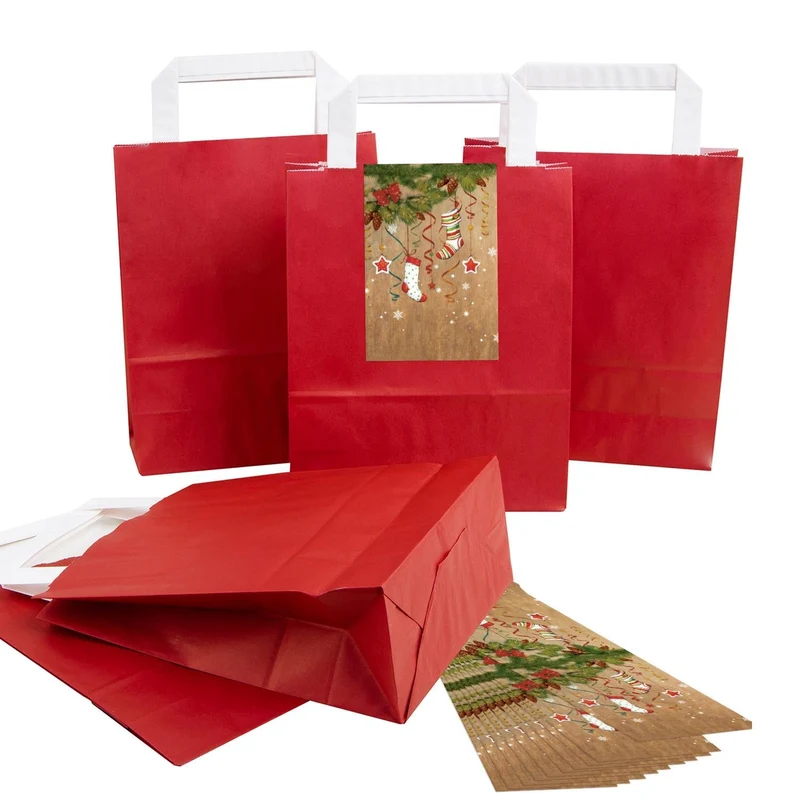 Rote Henkeltüten 18 x 8 x 22 cm mit Weihnachtsbanderolen, auch Heiliger Nikolaus