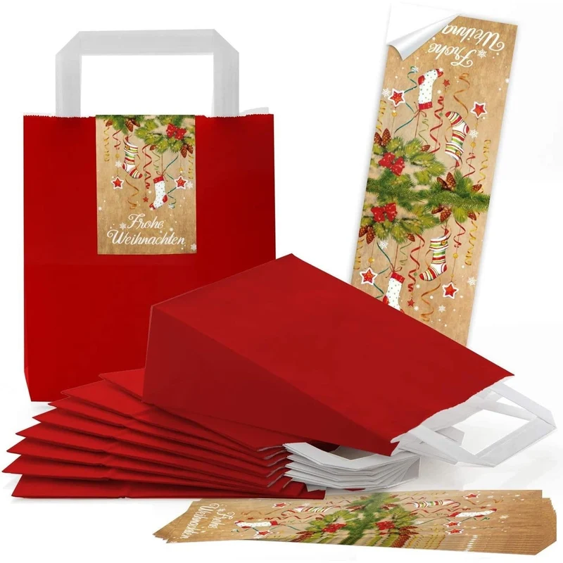 Rote Henkeltüten 18 x 8 x 22 cm mit Weihnachtsbanderolen, auch Heiliger Nikolaus
